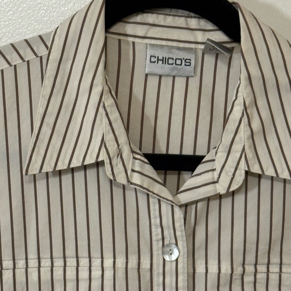 Chico's Women's Button Down Shirt - Cream and Brown Stripes
